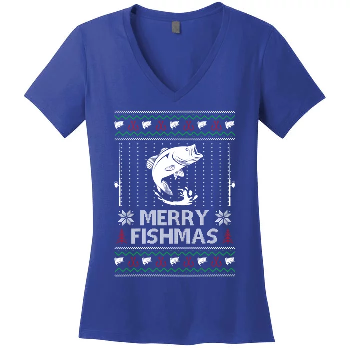 Merry Fishmas Funny Xmas Gift For Dad Fishing Ugly Christmas Cute Gift Women's V-Neck T-Shirt