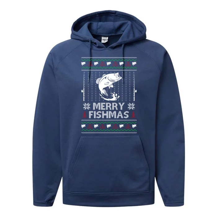 Merry Fishmas Funny Xmas Gift For Dad Fishing Ugly Christmas Cute Gift Performance Fleece Hoodie