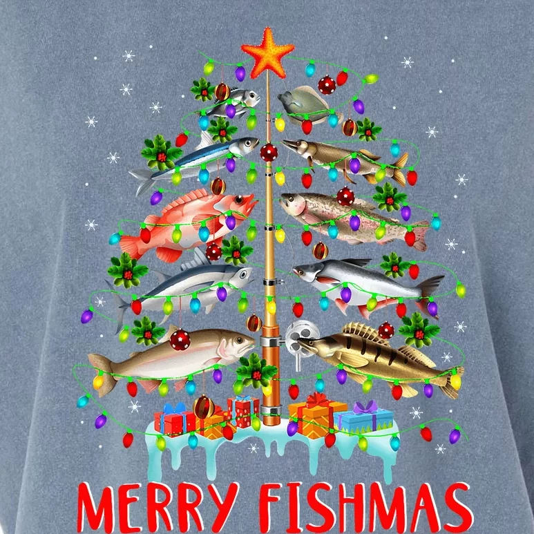 Merry Fishmas Funny Christmas Tree Lights Fish Fishing Rod Garment-Dyed Women's Muscle Tee