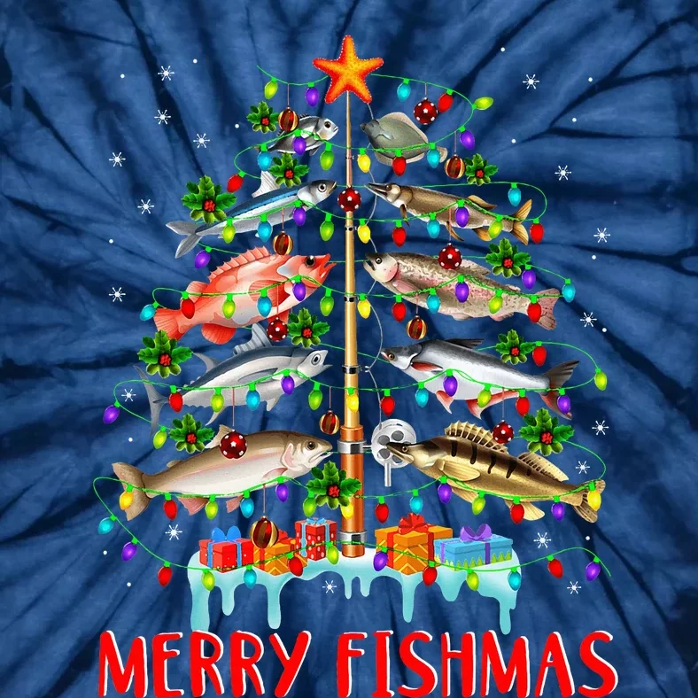 Merry Fishmas Funny Christmas Tree Lights Fish Fishing Rod Tie-Dye T-Shirt