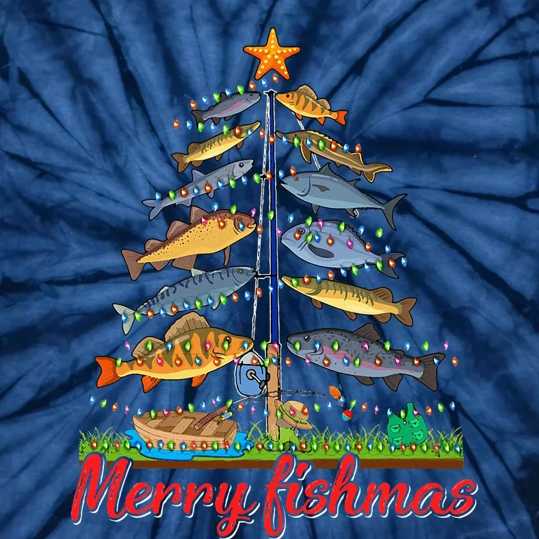 Merry Fishmas Funny Fisher Christmas Tree Fishing Pajama Tie-Dye T-Shirt