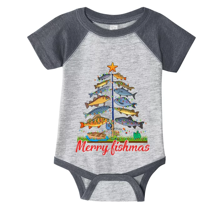 Merry Fishmas Funny Fisher Christmas Tree Fishing Pajama Infant Baby Jersey Bodysuit