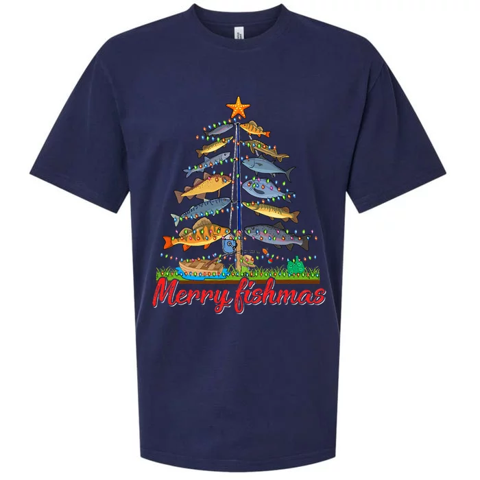 Merry Fishmas Funny Fisher Christmas Tree Fishing Pajama Sueded Cloud Jersey T-Shirt