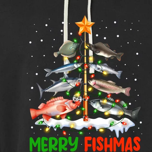 Merry Fishmas Funny Christmas Tree Lights Fish Fishing Rod Cool Gift Garment-Dyed Fleece Hoodie