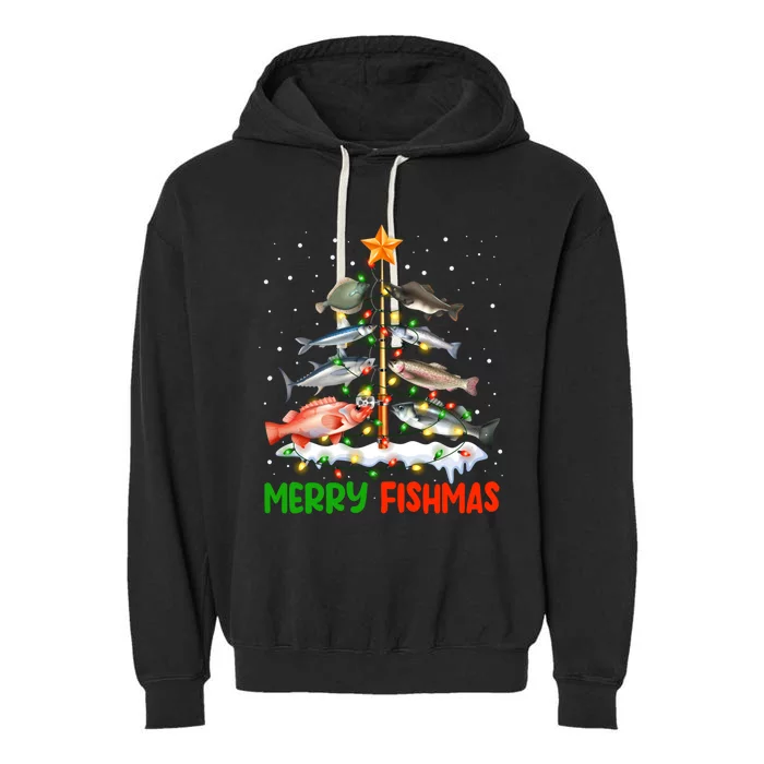 Merry Fishmas Funny Christmas Tree Lights Fish Fishing Rod Cool Gift Garment-Dyed Fleece Hoodie