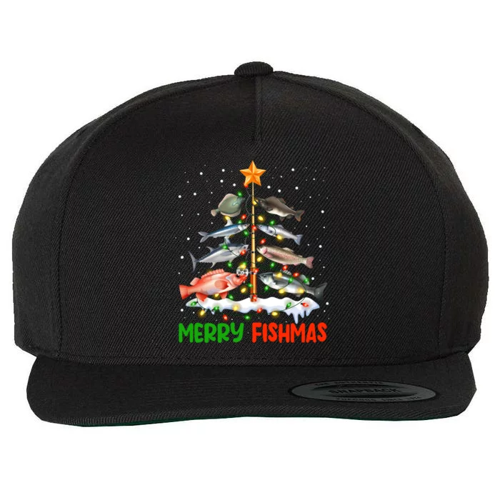 Merry Fishmas Funny Christmas Tree Lights Fish Fishing Rod Cool Gift Wool Snapback Cap