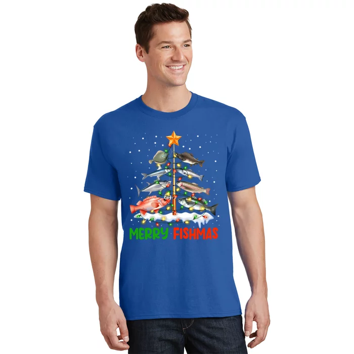 Merry Fishmas Funny Christmas Tree Lights Fish Fishing Rod Cool Gift T-Shirt