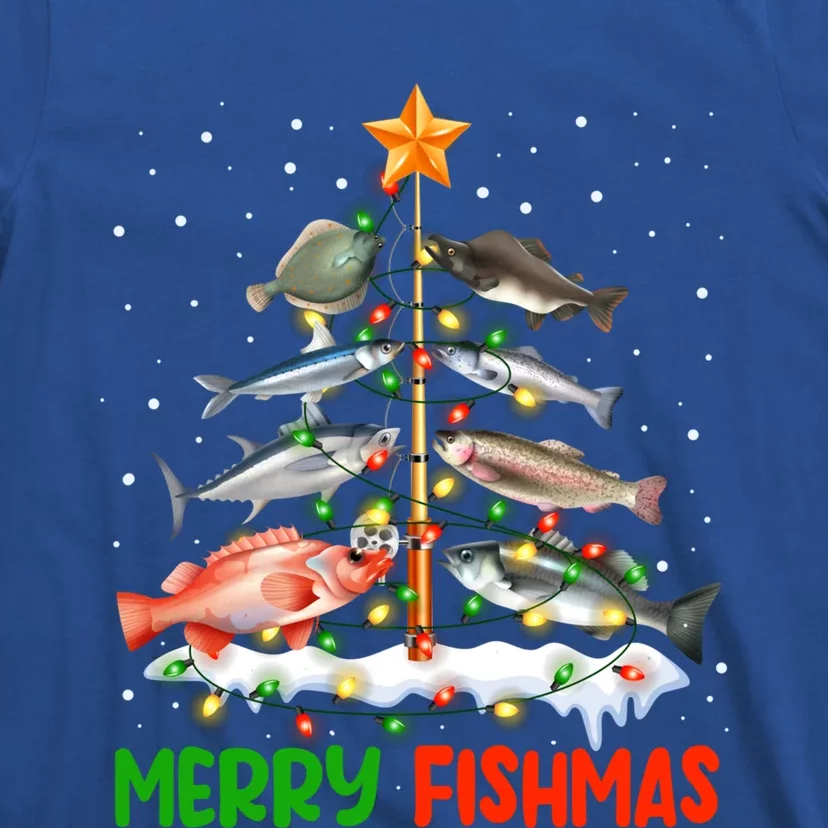 Merry Fishmas Funny Christmas Tree Lights Fish Fishing Rod Cool Gift T-Shirt