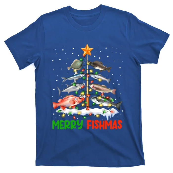 Merry Fishmas Funny Christmas Tree Lights Fish Fishing Rod Cool Gift T-Shirt