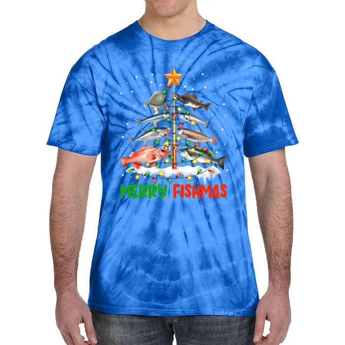 Merry Fishmas Funny Christmas Tree Lights Fish Fishing Rod Cool Gift Tie-Dye T-Shirt