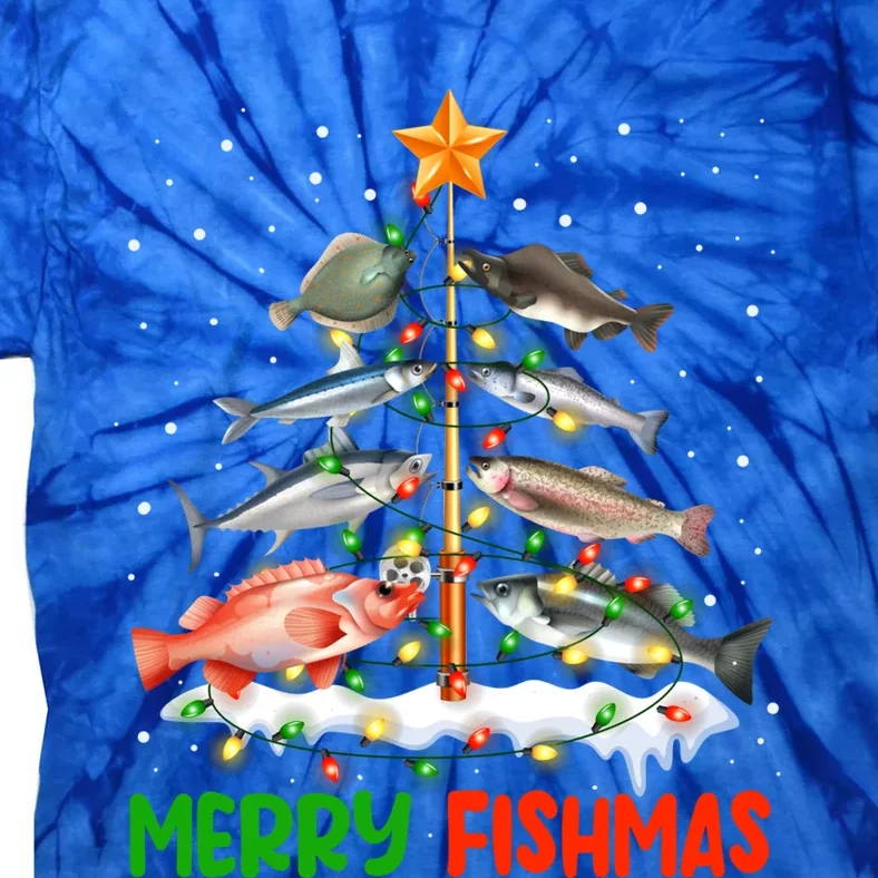 Merry Fishmas Funny Christmas Tree Lights Fish Fishing Rod Cool Gift Tie-Dye T-Shirt