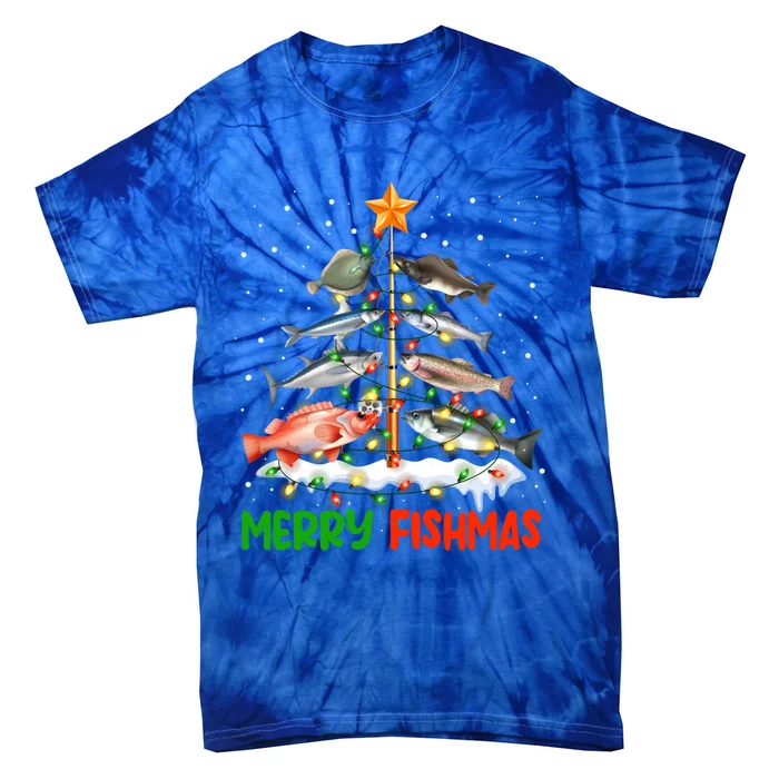 Merry Fishmas Funny Christmas Tree Lights Fish Fishing Rod Cool Gift Tie-Dye T-Shirt