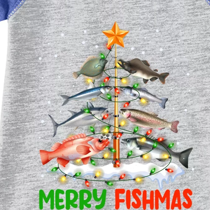 Merry Fishmas Funny Christmas Tree Lights Fish Fishing Rod Cool Gift Infant Baby Jersey Bodysuit