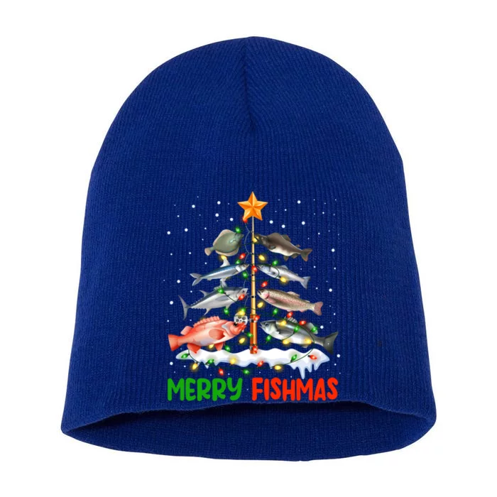 Merry Fishmas Funny Christmas Tree Lights Fish Fishing Rod Cool Gift Short Acrylic Beanie