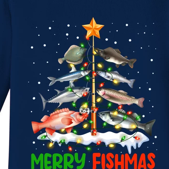 Merry Fishmas Funny Christmas Tree Lights Fish Fishing Rod Cool Gift Baby Long Sleeve Bodysuit