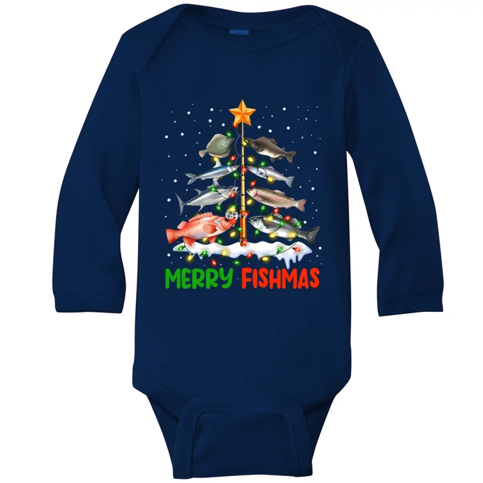 Merry Fishmas Funny Christmas Tree Lights Fish Fishing Rod Cool Gift Baby Long Sleeve Bodysuit