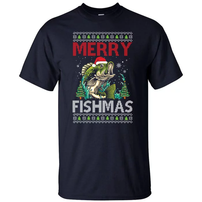 Merry Fishmas Fishing Ugly Christmas Large Mouth Bass Tall T-Shirt