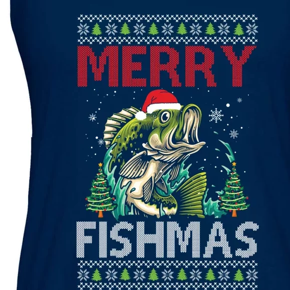 Merry Fishmas Fishing Ugly Christmas Large Mouth Bass Ladies Essential Flowy Tank