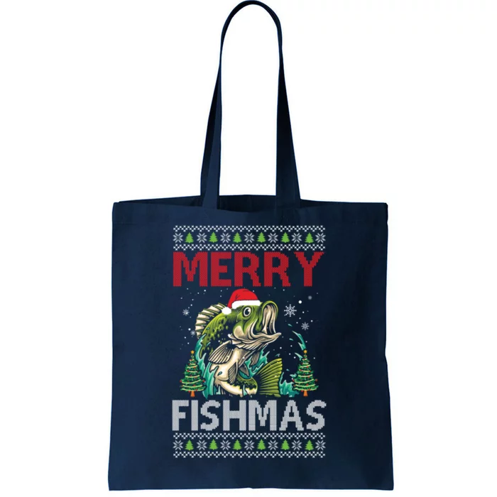 Merry Fishmas Fishing Ugly Christmas Large Mouth Bass Tote Bag