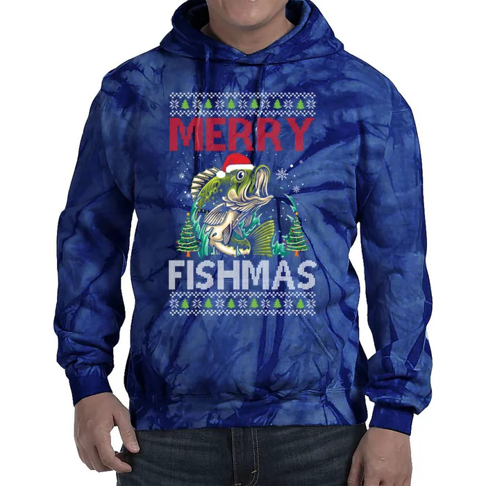 Merry Fishmas Fishing Ugly Christmas Large Mouth Bass Tie Dye Hoodie