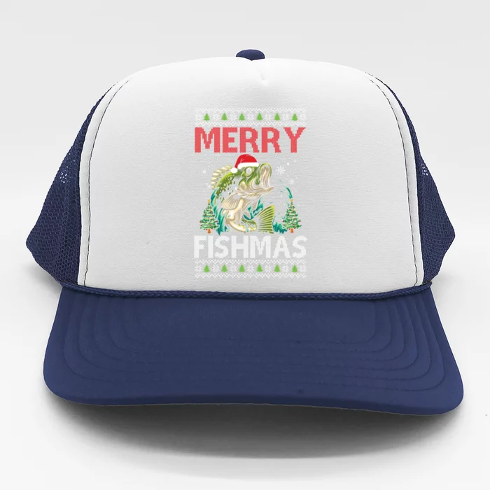 Merry Fishmas Fishing Ugly Christmas Large Mouth Bass Trucker Hat