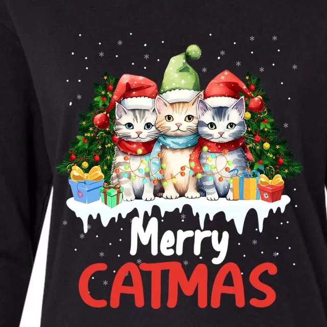 Meowy Feline Festivities Merry Catmas Christmas Cat Gift Womens Cotton Relaxed Long Sleeve T-Shirt