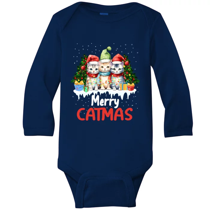 Meowy Feline Festivities Merry Catmas Christmas Cat Gift Baby Long Sleeve Bodysuit