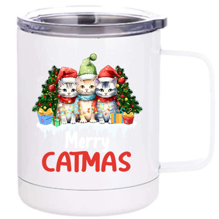 Meowy Feline Festivities Merry Catmas Christmas Cat Gift Front & Back 12oz Stainless Steel Tumbler Cup