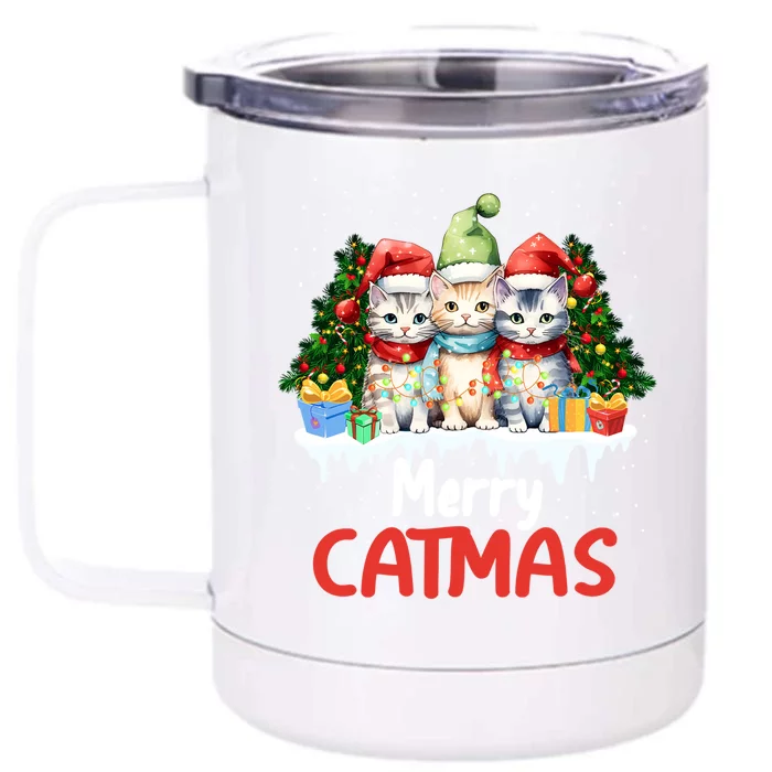 Meowy Feline Festivities Merry Catmas Christmas Cat Gift Front & Back 12oz Stainless Steel Tumbler Cup