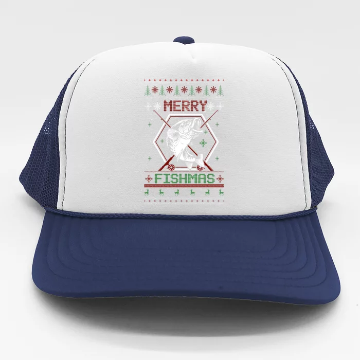 Merry Fishmas Funny Fish Fishing Fisher Ugly Christmas Gift Trucker Hat