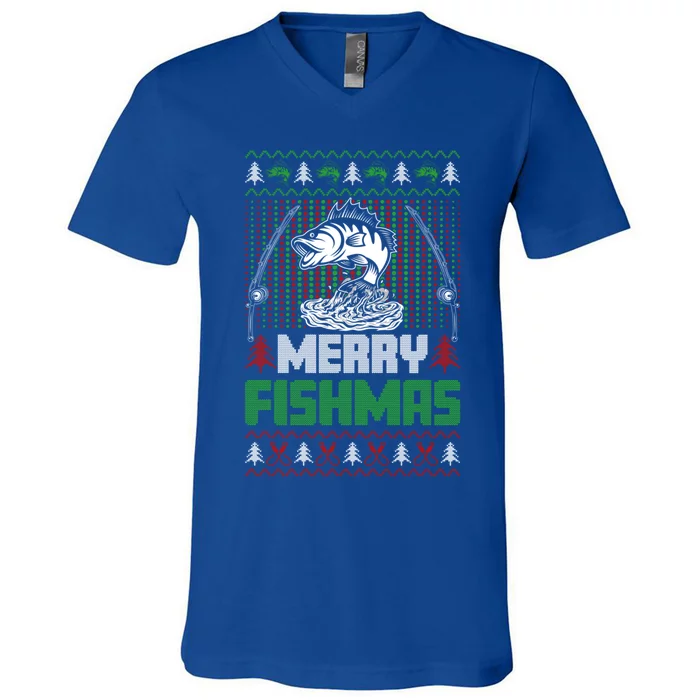 Merry Fishmas Funny Christmas Fishing Xmas Jumper Design Gift V-Neck T-Shirt