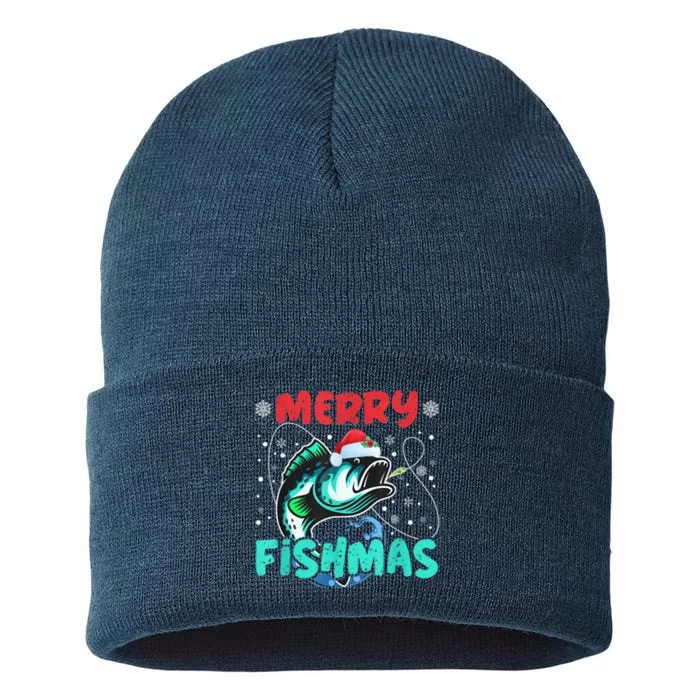 Merry Fishmas Funny Christmas Fishing Fish Gift Xmas Sustainable Knit Beanie