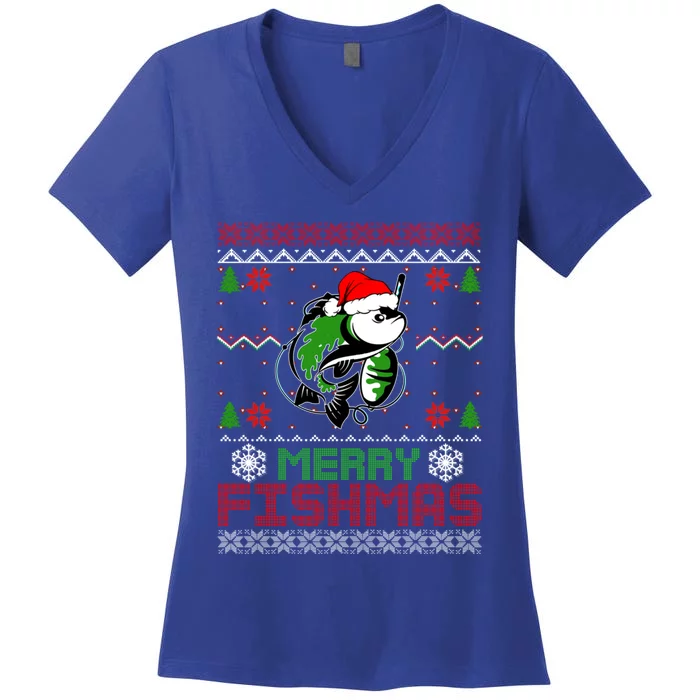 Merry Fishmas Funny Fishing Christmas Ugly Pajama Fishers Cool Gift Women's V-Neck T-Shirt