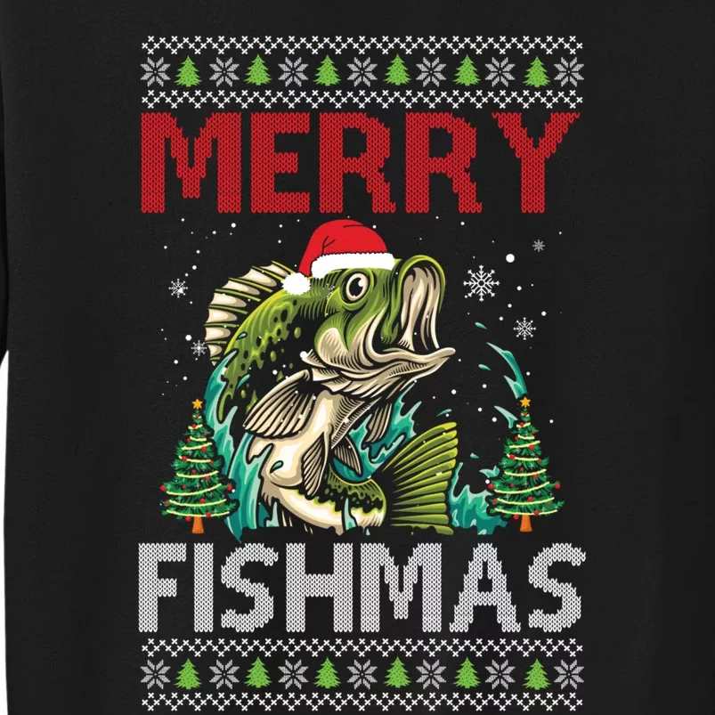 Merry Fishmas Fishing Ugly Christmas Large Mouth Bass Gift Tall Sweatshirt