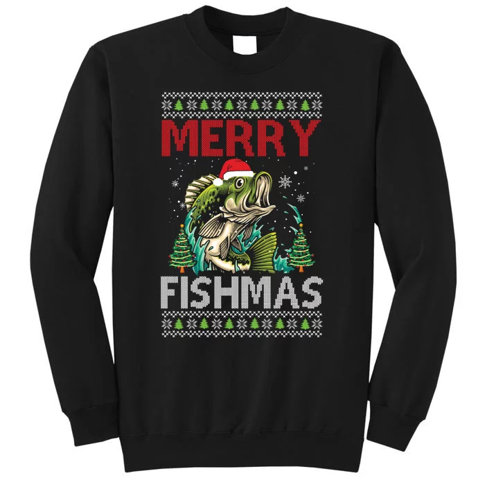 Merry Fishmas Fishing Ugly Christmas Large Mouth Bass Gift Tall Sweatshirt