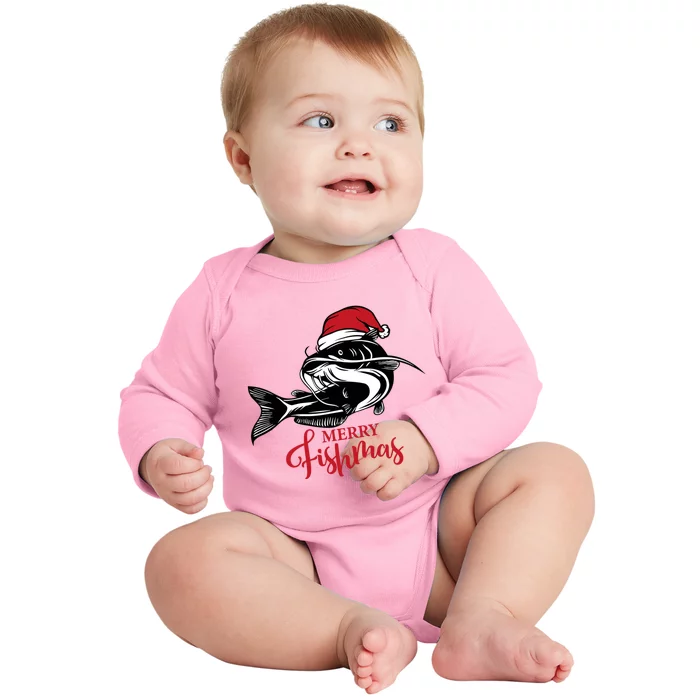 Merry Fishmas Funny Christmas Fishing Santa Xmas Baby Long Sleeve Bodysuit