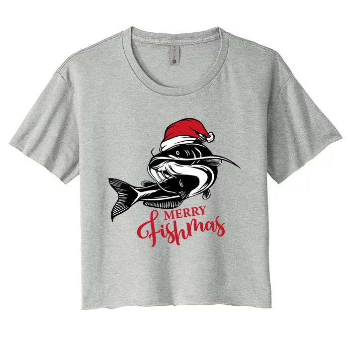 Merry Fishmas Funny Christmas Fishing Santa Xmas Women's Crop Top Tee