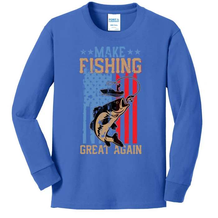 Makes Fishing Great Again Us Flag Vintage Cool Gift Kids Long Sleeve Shirt