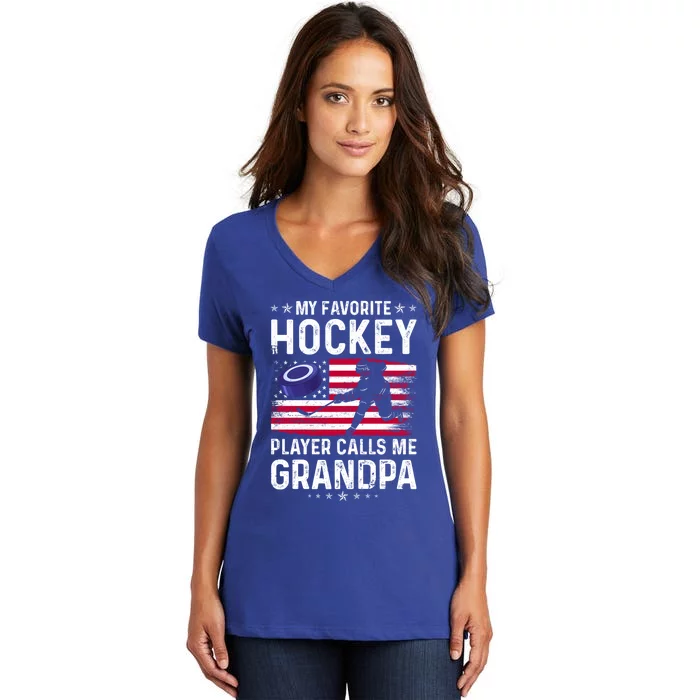 My Favorite Hockey Player Calls Me Grandpa American Flag Gift Women's V-Neck T-Shirt