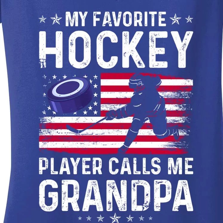 My Favorite Hockey Player Calls Me Grandpa American Flag Gift Women's V-Neck T-Shirt