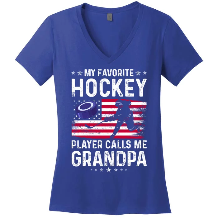 My Favorite Hockey Player Calls Me Grandpa American Flag Gift Women's V-Neck T-Shirt