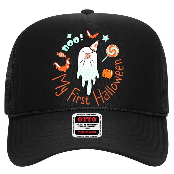 My First Halloween Cute Ghost Boho Baby Gift High Crown Mesh Trucker Hat