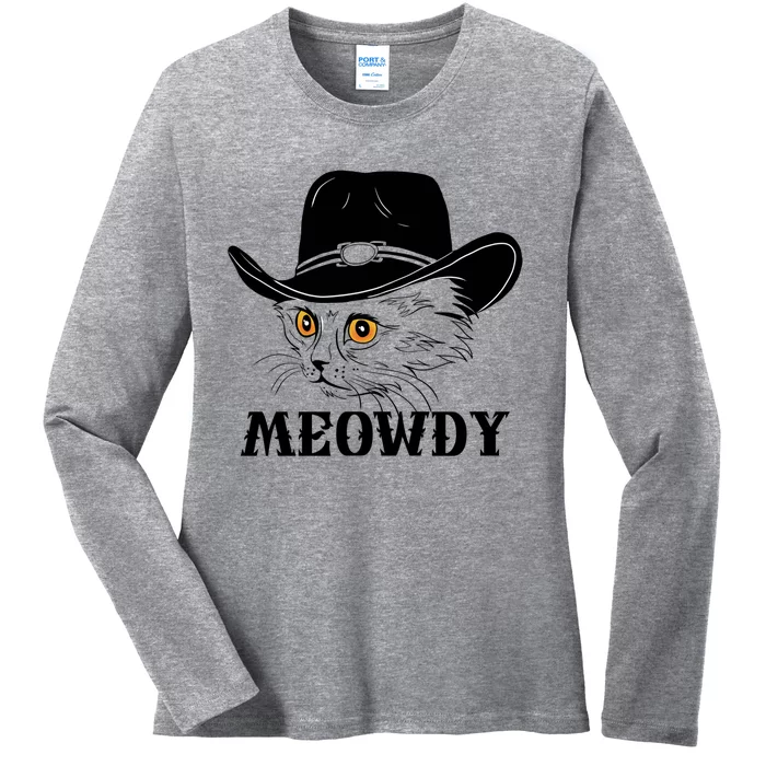 Meowdy Funny Howdy Cat Dad Joke Gift Ladies Long Sleeve Shirt