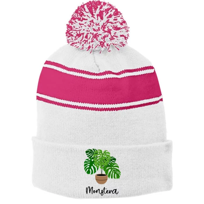 Monstera Flora Houseplant Gardener Plant Lover Stripe Pom Pom Beanie