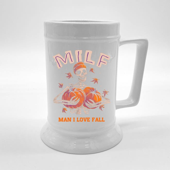 Milfs Funny I Love Fall Skeleton Pumpkin Halloween Gift Front & Back Beer Stein