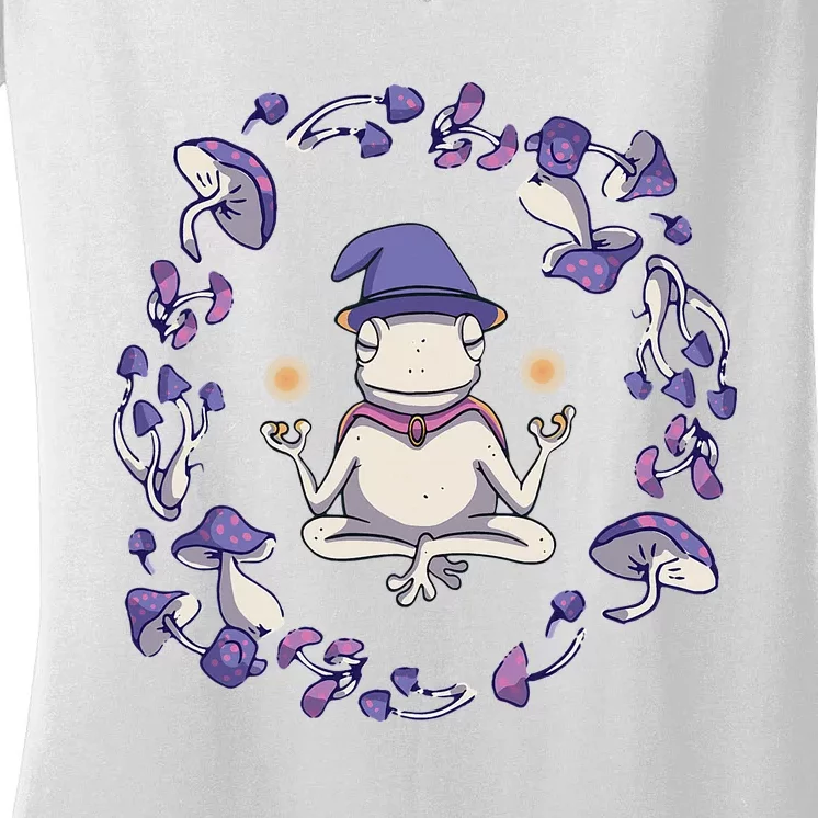 Magic Frog In Yoga Pose With Mushrooms Women's V-Neck T-Shirt