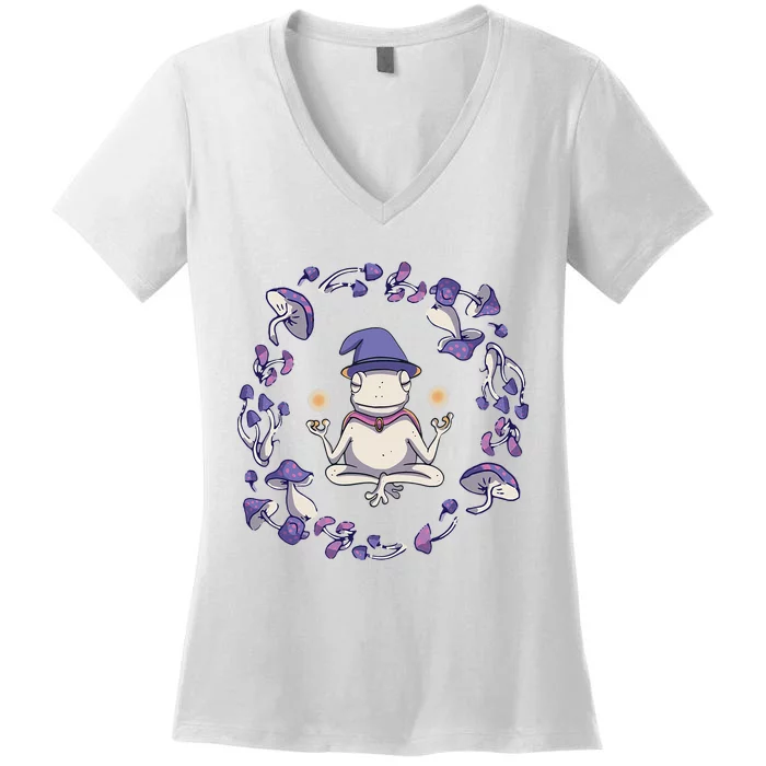 Magic Frog In Yoga Pose With Mushrooms Women's V-Neck T-Shirt