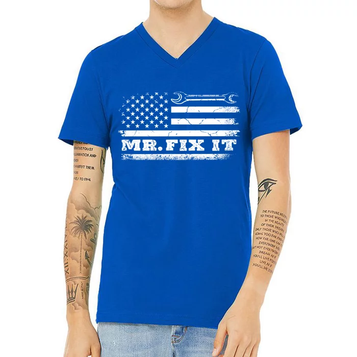 Mr Fix It Mechanic American Flag Handy Gift V-Neck T-Shirt