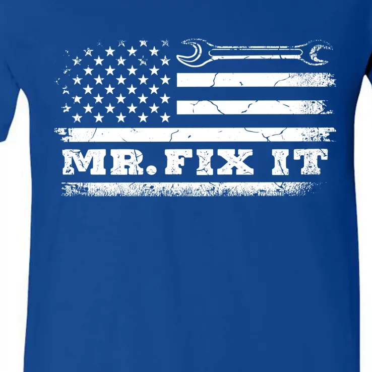 Mr Fix It Mechanic American Flag Handy Gift V-Neck T-Shirt