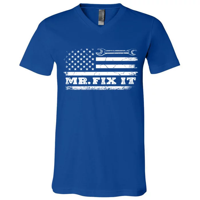 Mr Fix It Mechanic American Flag Handy Gift V-Neck T-Shirt